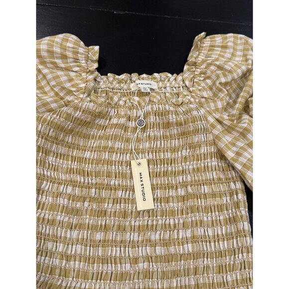 NWT Max Studio Womens Large Smocked Yellow Gold Gingham Puff Sleeve Peplum Top - Picture 6 of 12